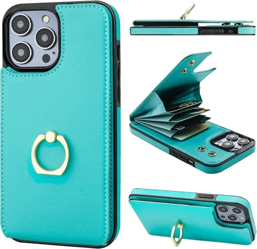 Vista 33 de Folosu Funda tipo billetera compatible con iPhone 14 con soporte para tarjetas, soporte de anillo para dedo con rotación de 360° y función atril