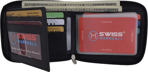 Vista 4 de Billetera plegable de piel con cremallera y bloqueo RFID para hombre, Negro -, Cartera Rfid