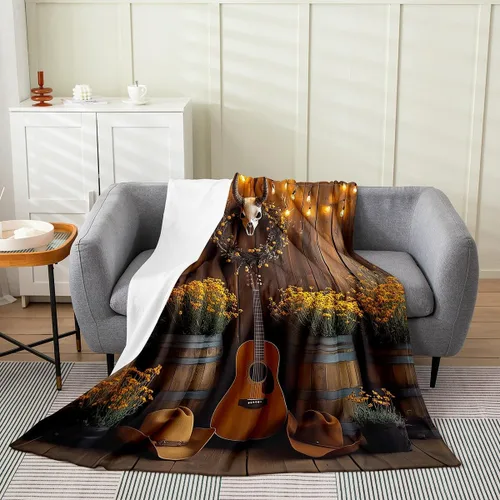Vista 11 de Castle Fairy Manta de forro polar con botas de vaquero, manta de guitarra musical bohemia para niños y niños, manta de vaquera rústica occidental