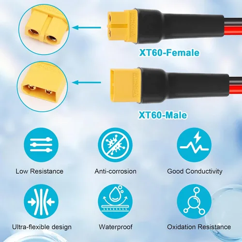 Vista 2 de Cable de extensión XT60 de 10 AWG de 1 pie, 2 unidades, 2, 3, 5, 10, 10, 15, 20, 25, 30, 35, 40, 50, 75, 100 pies, conector hembra a macho XT60