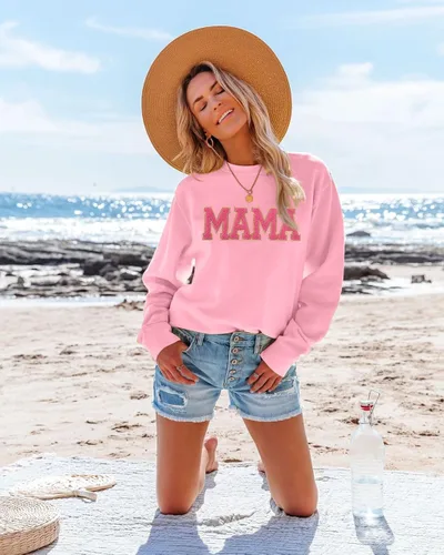 Vista 3 de SUPEYA Sudadera para mujer con parche de purpurina para mamá, camiseta con estampado de letras de mamá, manga larga, holgada, a la moda
