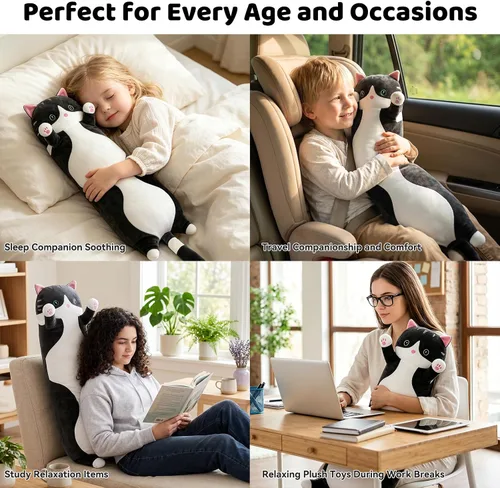 Vista 3 de Almohada de Cuerpo Largo de Felpa de Gato Bonito – Muñeca Suave de Peluche de Dibujos Animados, Juguete de Abrazo de Peluche de Gato Kawaii