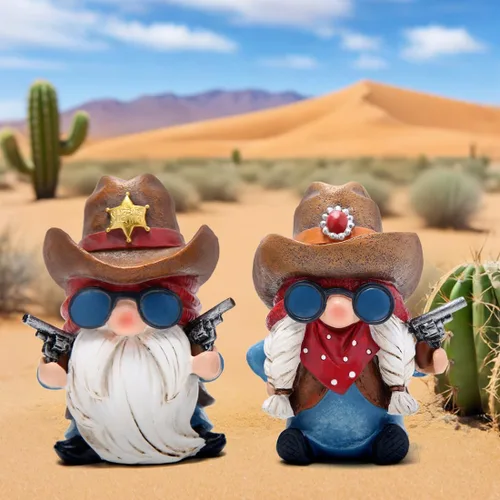 Vista 4 de Hodao Figuras de Gnomo de Vaquero y Vaquera - Gnomos de Resina Occidental Pintados a Mano con Sombreros de Vaquero, Insignia del Sheriff y Bandana