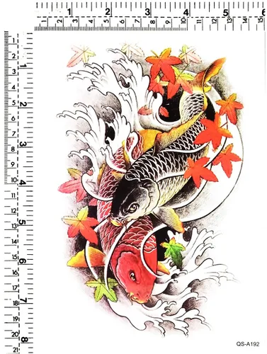 Vista 2 de GS912 Tatuaje 8.2 x 5.7 pulgadas, pez japonés asiático de carpa Koi, tatuajes grandes, calcomanías temporales 3D, estilo tribu china de la vieja
