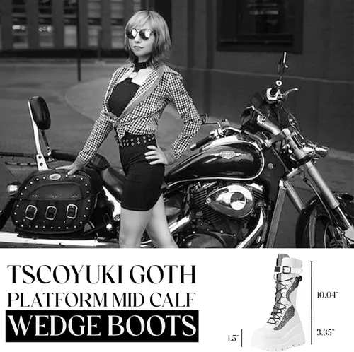 Vista 4 de Tscoyuki Botas góticas de plataforma para mujer, tacón de cuña grueso, botas de combate con cordones y cremallera, punta redonda, botas de media