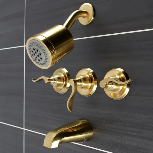 Vista 2 de Kingston Brass KB8237NFL NuWave - Grifo francés de triple mango para bañera y ducha en latón cepillado