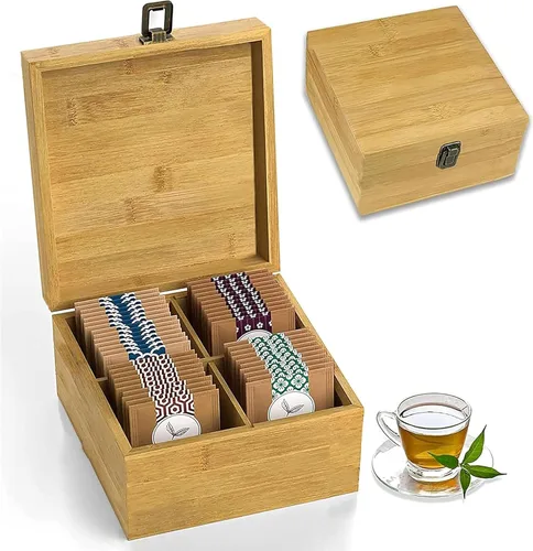 Vista 16 de Caja organizadora de té segura para alimentos, libre de productos químicos, baúl de almacenamiento de bambú, cubos ajustables