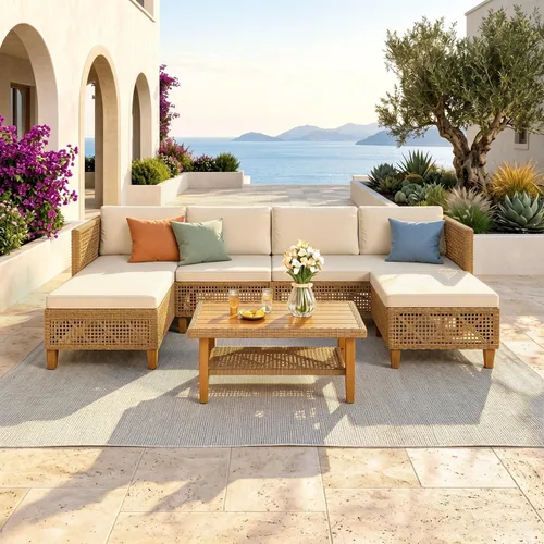 Vista 8 de MFSTUDIO Juego de muebles pequeños de mimbre para patio, sofá en forma de L, color beige