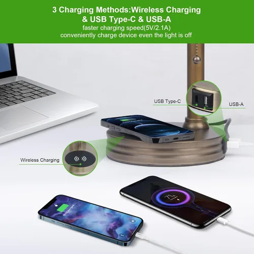 Vista 3 de Lámpara de Banco de Vidrio Verde, Lámpara de Escritorio Retro con Puerto de Carga Inalámbrica USB, Lámpara de Mesa con Cadena Clásica, para Mesita