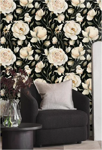 Vista 4 de HAOKHOME Papel tapiz autoadhesivo para despegar y pegar, diseño floral de rosas vintage, peonías, papel de contacto extraíble, negro/beige/oliva