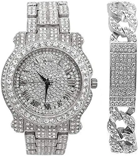 Vista 19 de Charles Raymond Reloj redondo de lujo para hombre totalmente incrustado con brillantes en plata con pulsera Bling-ed Out - L0504B