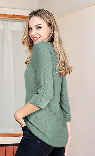 Vista 4 de SeSe Code Camisa a cuadros de manga 34 enrollada para mujer, blusas y tops casuales de negocios elegantes para el trabajo