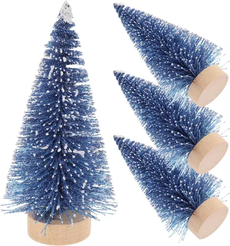Vista 9 de Decoración para el hogar, mini árbol de Navidad artificial, 4 piezas, árboles de sisal, escarcha de nieve, cepillo para botella con bases de madera