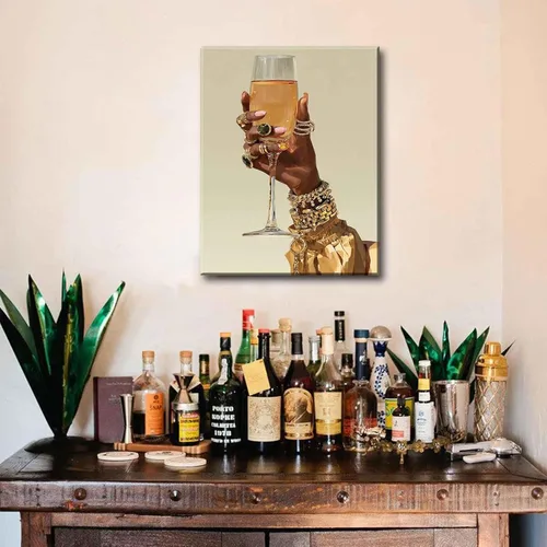 Vista 7 de Lienzo de cóctel de mujer negra, arte de pared, diseño de Martini, pintura a mano, cuadros afroamericanos, cáliz de bar, carros, impresiones