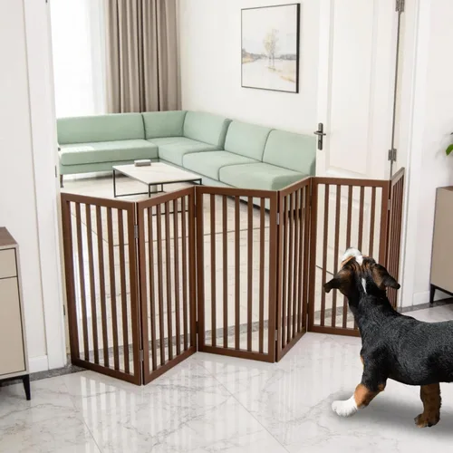 Vista 25 de Puerta para perros para interiores, valla independiente para perros, para la casa, puertas, pasillos o escaleras, puerta para mascotas plegable