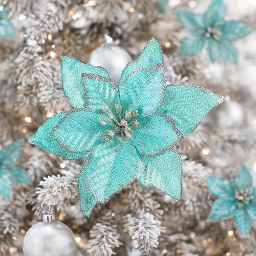 Vista 10 de Flores de purpurina de adorno para el árbol de Navidad, paquete de 12 Azul