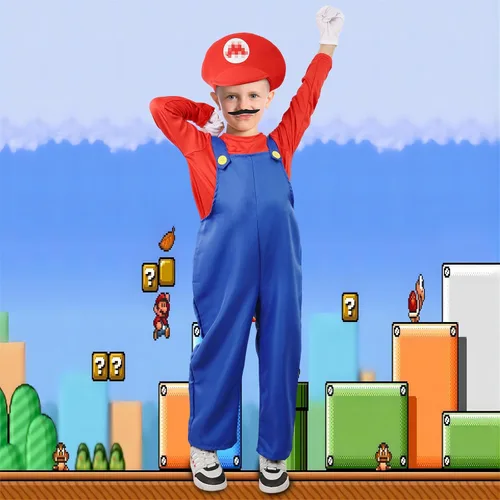 Vista 5 de Vermeyen Disfraz de Super Brothers para niños y adultos, traje de fontanero con sombrero, bigote, guantes, accesorio para disfraz de Halloween
