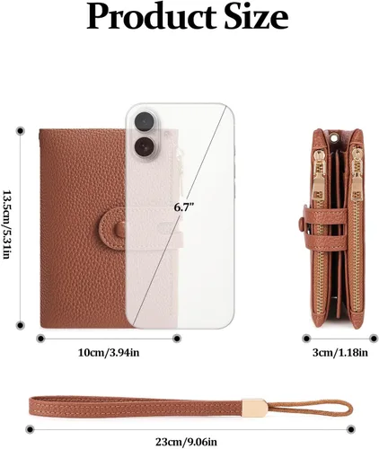 Vista 3 de FALAN MULE Cartera pequeña de cuero para mujer, con bloqueo RFID, tarjetero plegable con bolsillos dobles con cremallera, Marrón claro