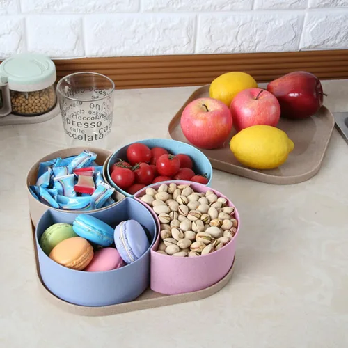 Vista 9 de Outanaya Snack Storage Tray PP with Lid Fan Shape 4 Compartment Wheat Straw