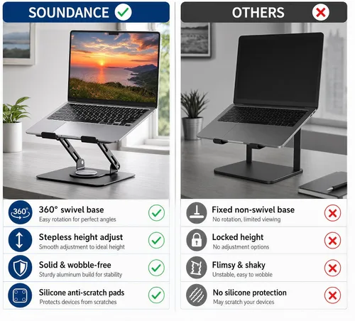 Vista 8 de SOUNDANCE Soporte giratorio 360º para laptop, elevador ergonómico para computadora de escritorio, soporte de metal multiángulo de altura ajustable