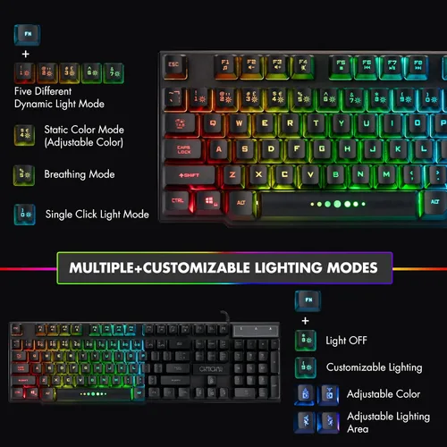 Vista 3 de CHONCHOW Teclado para juegos con cable para Mac, PC, PS5, PS4, Xbox One, teclado de sensación mecánica LED retroiluminado RGB con teclas multimedia