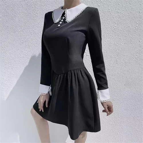 Vista 3 de Ropa de primavera para mujer, con temperamento de moda, cuello blanco y negro, vestido midi de manga larga 2023