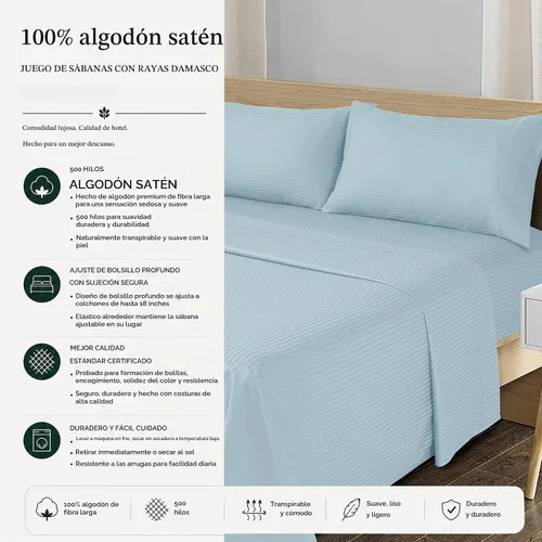 Vista 6 de Feather & Stitch - Juego de sábanas de 100% algodón satinado de 500 hilos Aqua Stripe
