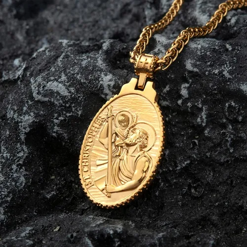 Vista 3 de Collar de San Cristóbal/Jorge/Miguel/Jesús/María para Hombre, Medallón de Santos Patrones, Joyería de Acero Inoxidable