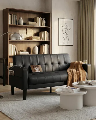 Vista 8 de TYBOATLE Sofá Loveseat de 62" de ancho con 2 puertos de carga USB y 2 portavasos, asiento de amor pequeño capitoné de cuero sintético negro