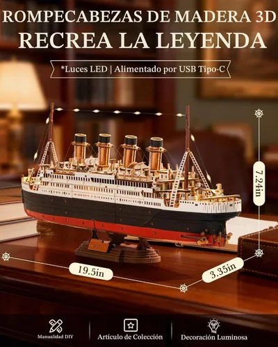 Vista 2 de Rolife Rompecabezas de madera 3D para adultos, kit de modelo Titanic con luces LED, kit de construcción de barcos para decoración de escritorio