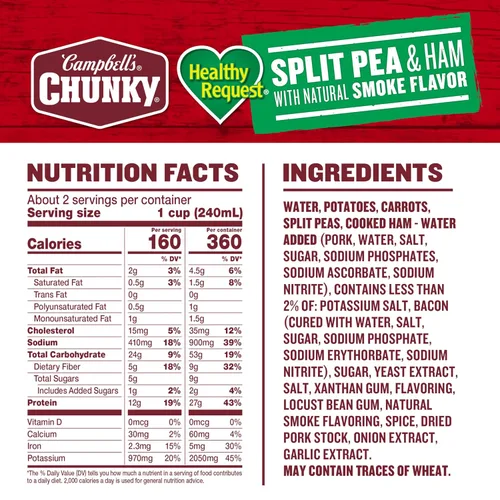 Vista 2 de Campbell's Chunky Sopa Healthy Request, sopa de guisantes partidos con jamón, lata de 19 onzas