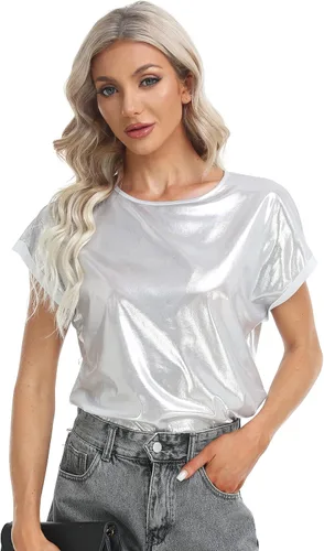 Vista 5 de MISS MOLY Camisetas metálicas de manga corta con cuello redondo holográfico brillante para mujer, para fiesta, club, concierto