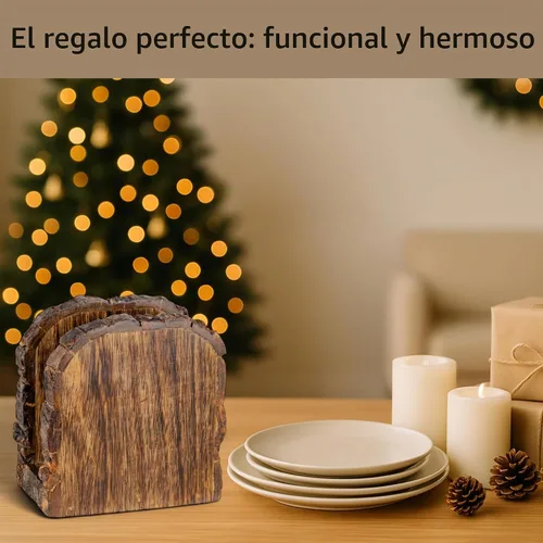 Vista 4 de Mie Creations Servilletero de madera rústica para mesa de comedor, cocina Marrón
