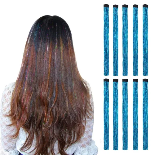 Vista 12 de 10 unids/set de extensiones de pelo de oropel con clip, multicolores con purpurina, mechones de pelo de hadas para mujeres bronce