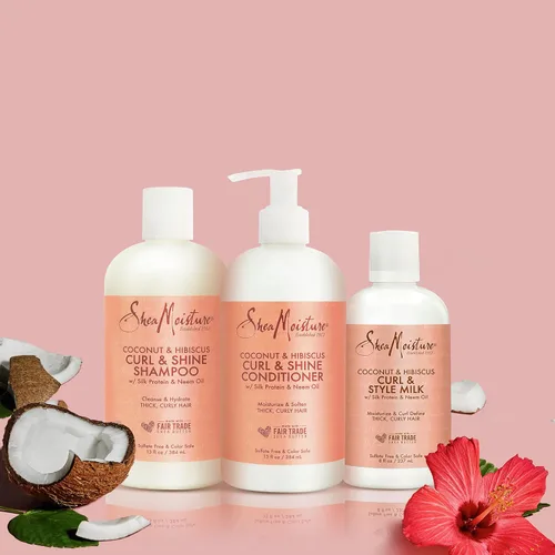 Vista 7 de SheaMoisture Hidratar y definir champú, acondicionador y leche de peinado para el cuidado del cabello rizado coco e hibisco con manteca de karité