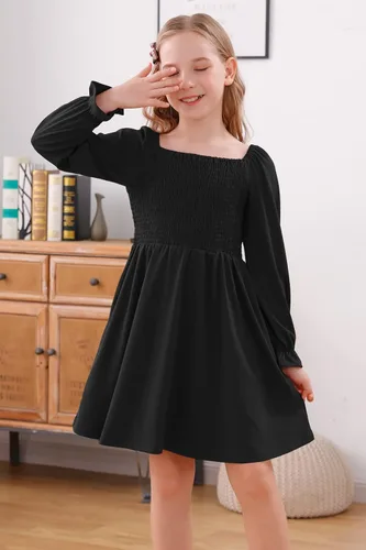 Vista 3 de GORLYA Vestido midi acampanado de manga abombada cuello cuadrado bohemio con volantes fruncido fruncido y acampanado 4-14 años
