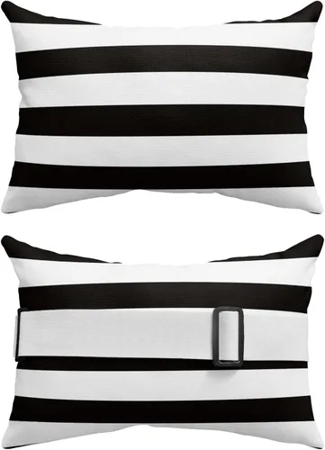 Vista 2 de Almohada de exterior para tumbona, diseño de rayas simples en blanco y negro, impermeable, almohada lumbar con inserto y correa elástica ajustable