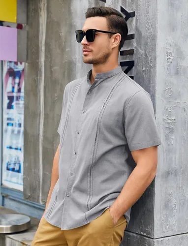 Vista 3 de Ryannology Camisas guayabera de lino de manga corta con botones para hombre, estilo casual, playa, campamento cubano, camisa mexicana para hombre