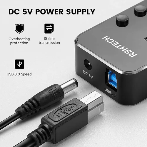 Vista 3 de Concentrador USB alimentado RSHTECH de 4 puertos USB C a USB 3.0, expansor de concentrador de aluminio portátil USB 3.0 con adaptador de CA de 5 V e