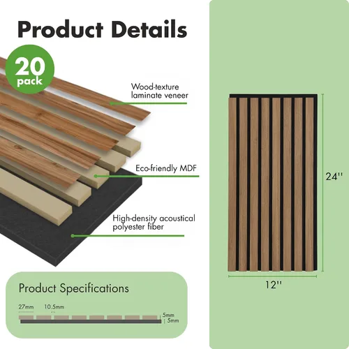 Vista 3 de Art3d Paquete de 4 paneles de listones de madera insonorizados de 12 x 24 pulgadas, paneles de pared acústicos de 8 pies cuadrados, paneles de pared