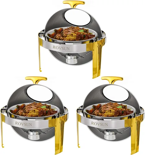 Vista 13 de ROVSUN Juego de bufé de platos de roce con tapa enrollable, 6 cuartos de galón de acero inoxidable redondo para catering, servidores de buffet