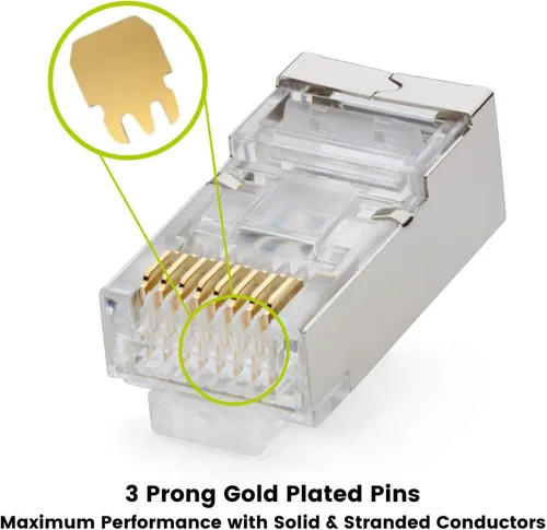 Vista 3 de TRUE CABLE Cat5e RJ45 conectores modulares de paso, conector de tierra interno blindado (STP), listado UL, EZ Crimp, chapado en oro, 3 clavijas