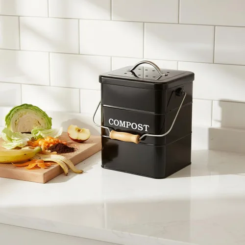Vista 6 de Cubo de compostaje para encimera de cocina, cubo de compostaje para interiores, ideal para restos de comida, acero al carbono, asas, negro, 1 galón