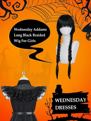 Vista 7 de Wednesday Addams - Disfraz para niñas, disfraz de Addams, disfraz de Halloween, disfraz de Navidad, fiesta