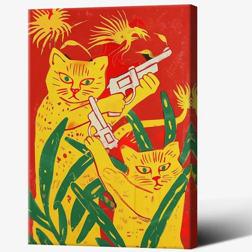 Vista 12 de Póster abstracto vintage de animales retro, dos gatos amarillos sosteniendo pistolas, pintura divertida acuarela gato lienzo arte de pared
