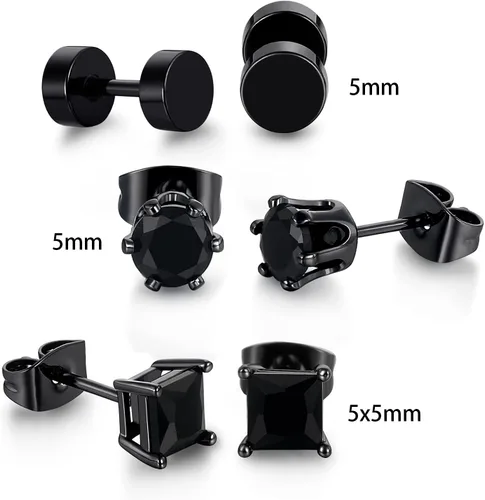 Vista 2 de 3 pares de aretes hipoalergénicos de circonita cúbica negra para hombres y mujeres, chapados en oro, cuadrados y redondos, aretes para orejas