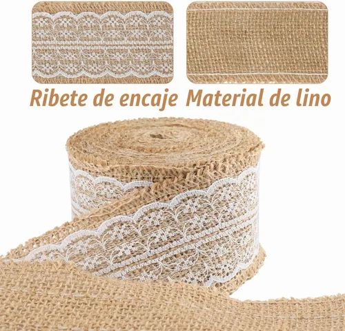 Vista 4 de jijAcraft Rollo de cinta de arpillera de yute natural, 2.4 pulgadas x 5.5 yardas, cinta de arpillera de encaje blanco rústico para manualidades