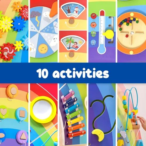 Vista 4 de SPARK & WOW Paneles de pared de actividades arcoíris, 10 actividades para edades de 18 meses Montessori - Juguete sensorial de pared, tablero