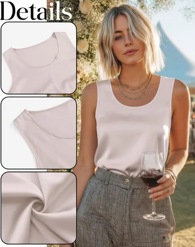 Vista 5 de Paquete de 3 camisetas sin mangas de seda para mujer, camisola de satén sin mangas, camiseta de trabajo elegante con cuello redondo, blusa de satén