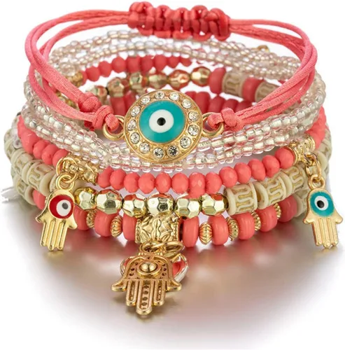 Vista 6 de Caiyao Juego de pulseras apilables de varias capas con cuentas de mal de ojo bohemio, multicolor, dije de ojo boho, semilla, Hamsa Fátima, colgante